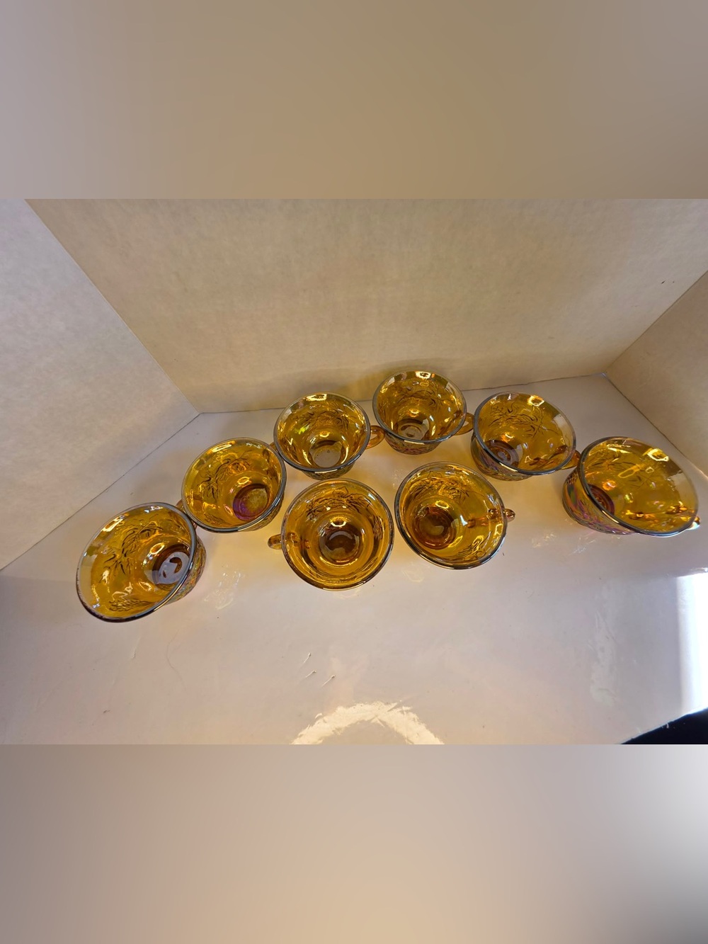 Indiana Glass Iridescent Gold Princess 8 pc Set Punch Cups USA